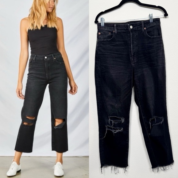Etica Denim - ÉTICA Tyler Boy Distressed Straight Ankle Raw Ziggy Denim Jeans Black Size 27